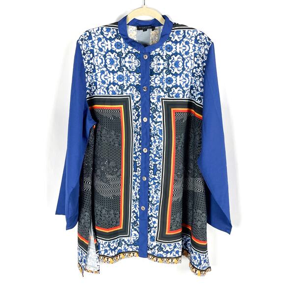 Citron Tops - Citron Santa Monica Shirt Blue Printed Button Up Long Sleeve Collarless Sz 2X